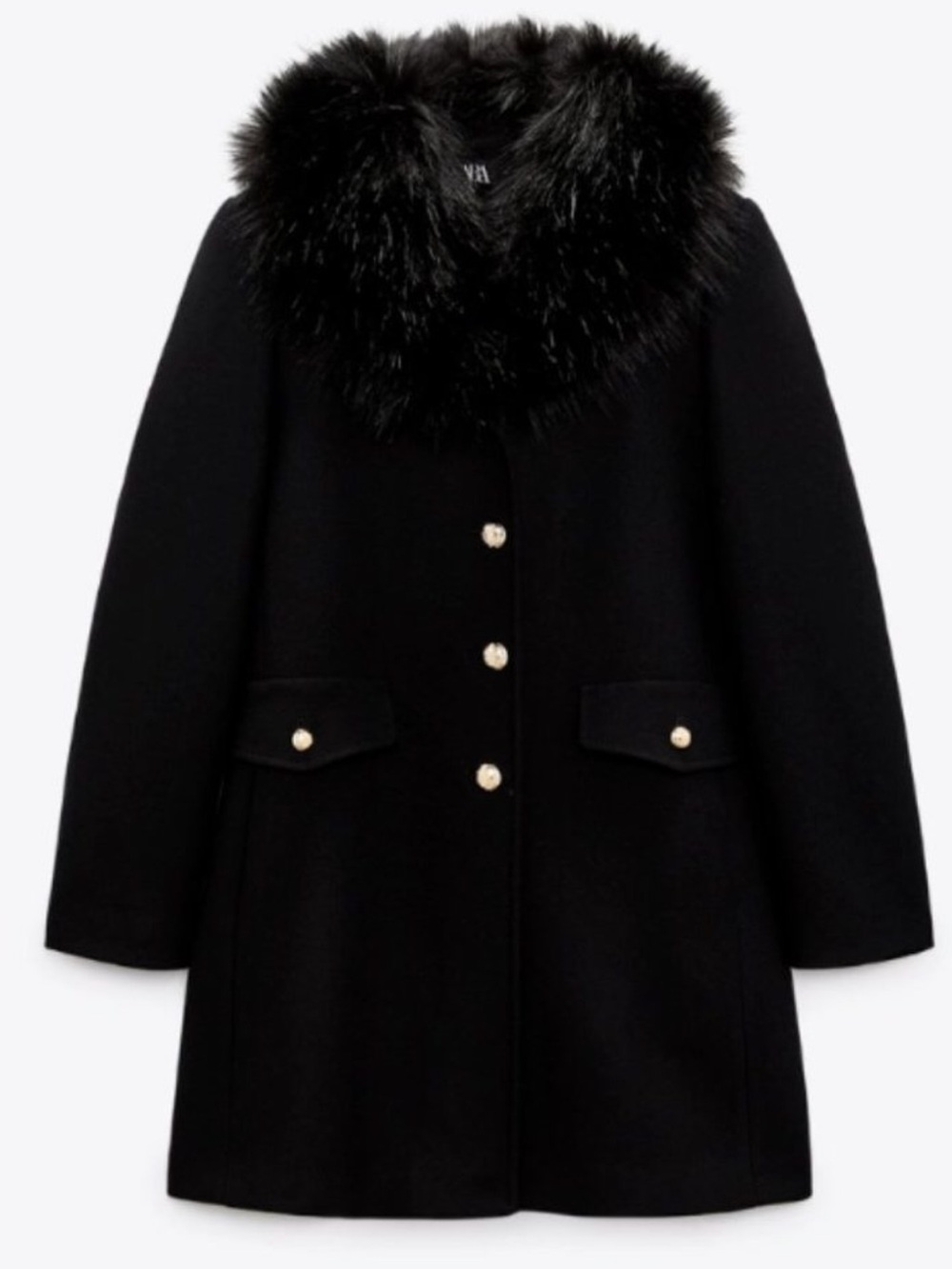 Zara faux fur wool blend black coat manteco wool gold crest buttons